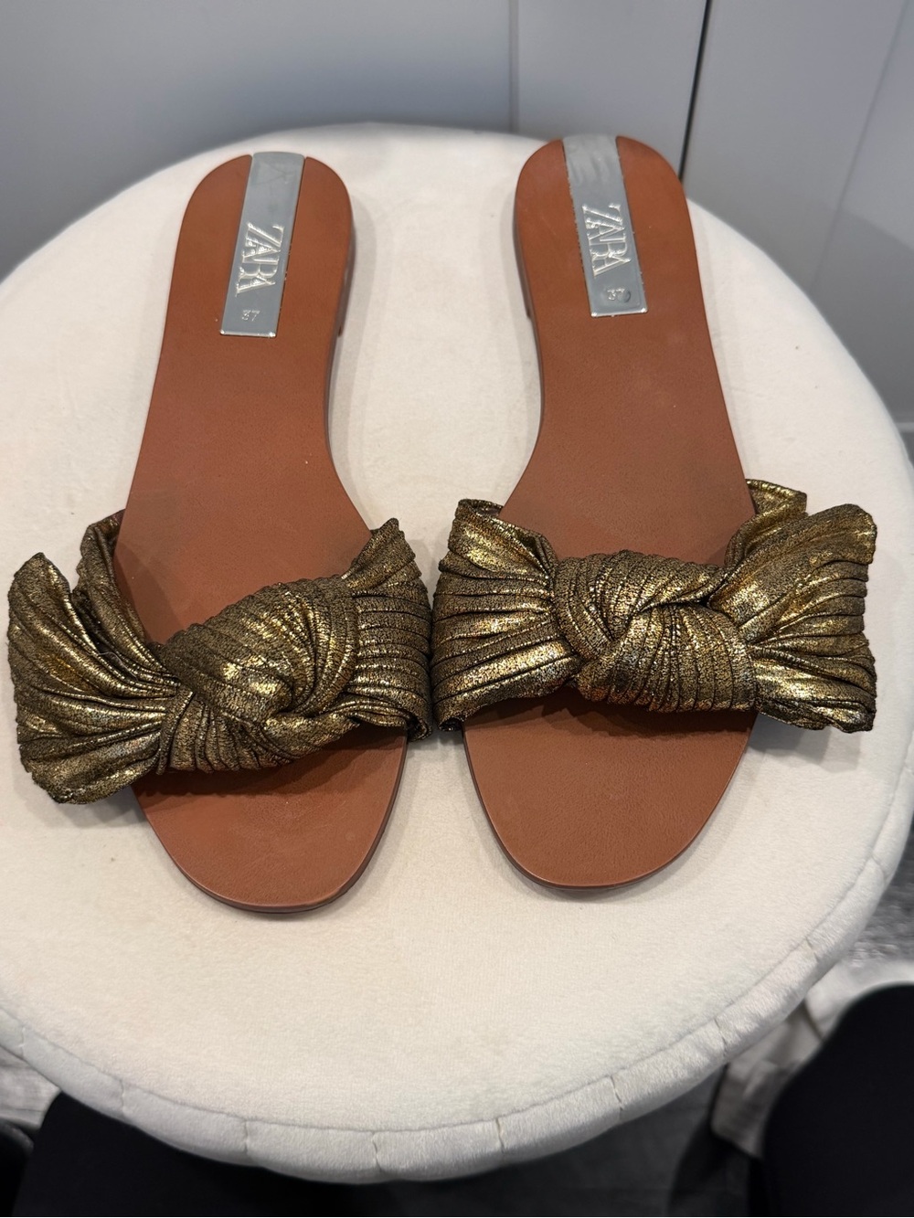 ZARA Metallic Bronze Knot Slide Sandals